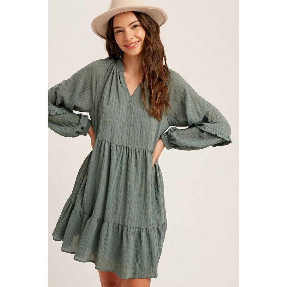 sale! Listicle Plaid Textured V-neck Accent Babydoll Dress Sage Green S-L LD0933 - Picture 2 of 7